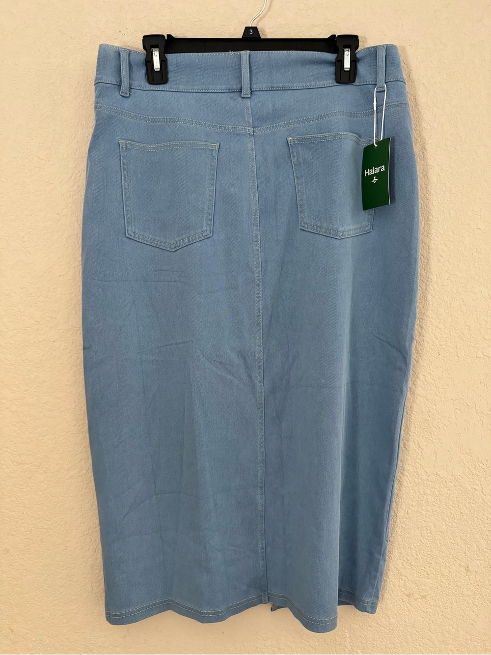 Halara light blue flex denim midi skirt w/ front slit - size L - NWT - Picture 3 of 3